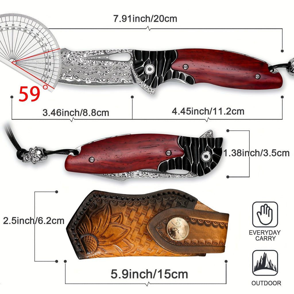 1PCS Damascus Steel Folding Pocket Knife - High-Carbon VG10 Steel Core Blade, RoseWood Handle, Leather Sheath, Compact EDC Tool for Outdoor Camping and Hiking Adventures
