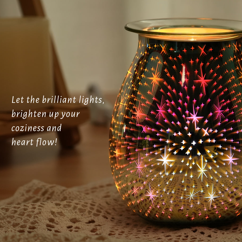 1pc Wax Warmer 3D Glass Fireworks/Starry Stars Electric Wax Melts Oil Burner Fragrance Candle Warmer with Heating Plate for Home Bedroom Office Decorations Gift