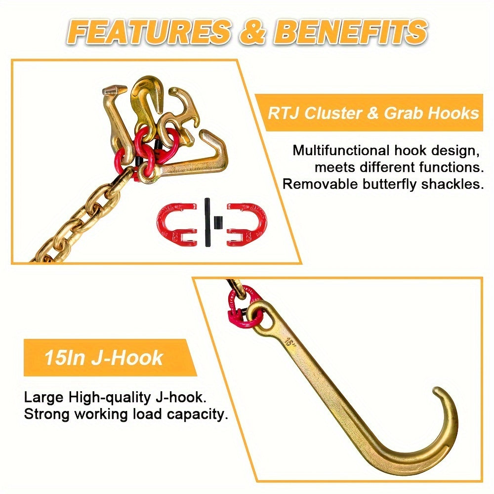 Heavy-Duty 5/16in x 6ft G80 Car Rescue J Hooks Towing Chain - Grab Hooks with 4700lbs WLL, 15in J-Hook, RTJ, Grab & Safety Hook, 5-in-1 V-Bridle Tow Chain for Truck, Farm, Motor Vehicle, Trailer Safety and Recovery