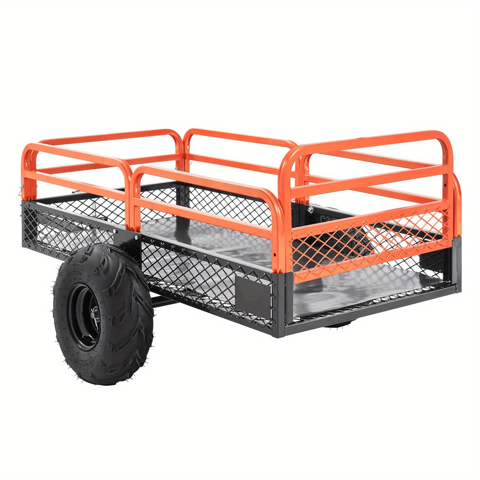Heavy Duty Steel ATV Dump Trailer, 15 Cubic Feet Capacity, Black & Orange Grid Design with Removable Sides and 2 Tires, Compatible with Mowers, Tractors, ATV, UTV - Ideal for Garden and Farm Use, Outdoor Hauling | Functional