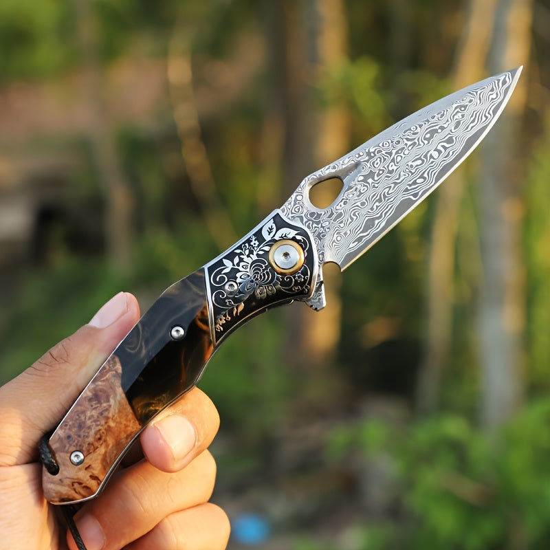 Elite Damascus Steel Pocket Knife - High-Carbon, Razor-Sharp, Ergonomic Maple Handle, Premium Sheath, Ultimate Camping, Survival, Mountaineering, Hiking, Fishing, EDC Companion for Men and Women