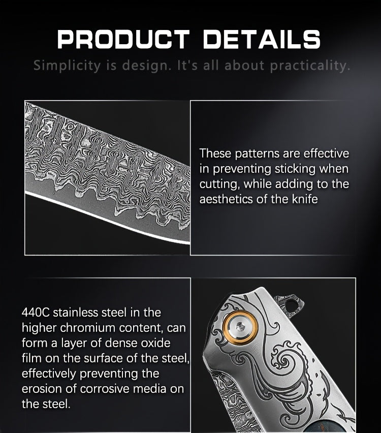 High Quality Men'S Folding Pocket Knife, 3.6 Inch Damascus Steel Folding Knife With Cowhide Sheath, Sea Wave Engraving Pattern, Stabilized Wood Handle With Pocket Clip, Suitable For Camping And Hiking, EDC Expedition Fishing