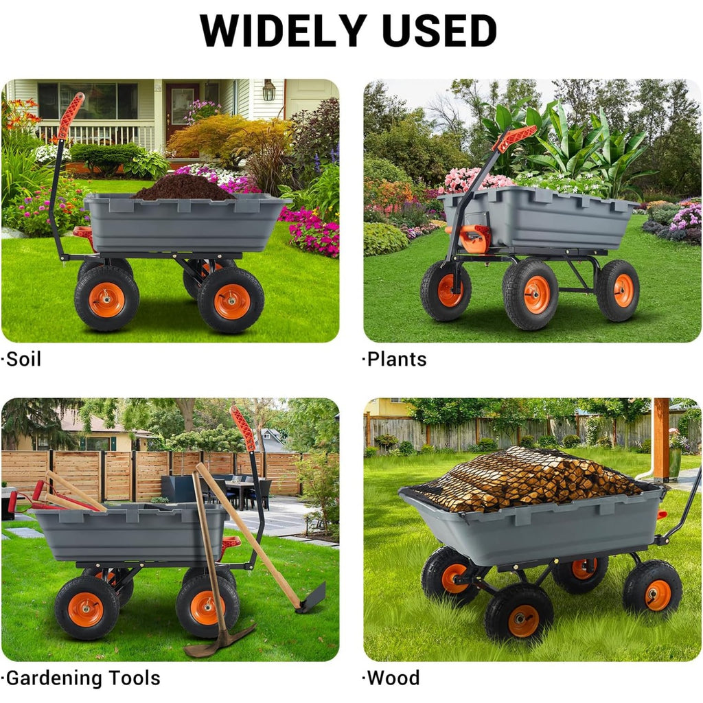 800 Lbs Heavy Duty Garden Dump Cart with Steel Frame & 10" All-Terrain Tires - 4-Wheel Manual Yard Cart, 180° Rotating Handle & Quick-Release System for Soil, Sand, Plants, Mulch, Gravel - Ideal for Farm, Beach, Courtyard Us