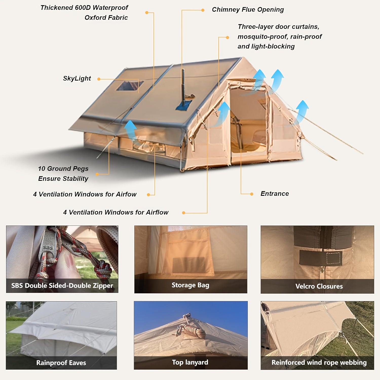 8-10 Person Inflatable Camping Tents, 129 SqFt Large Air Tent, Winter Blow Up Tent with Stove Pipe Port, 4-Season Glamping Tent with Large Mesh Windows& Zipper Closure, for Couples, Group And Family