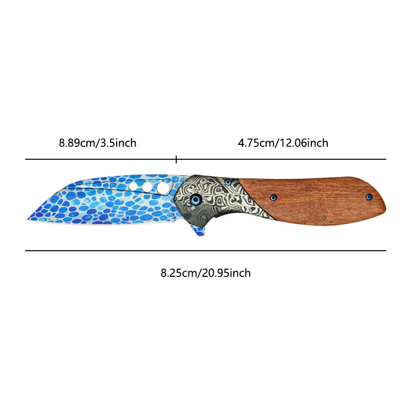 Blue Patterned Wood Damascus Pocket Knife with Clip, Camping, Carving, Fishing, Hiking